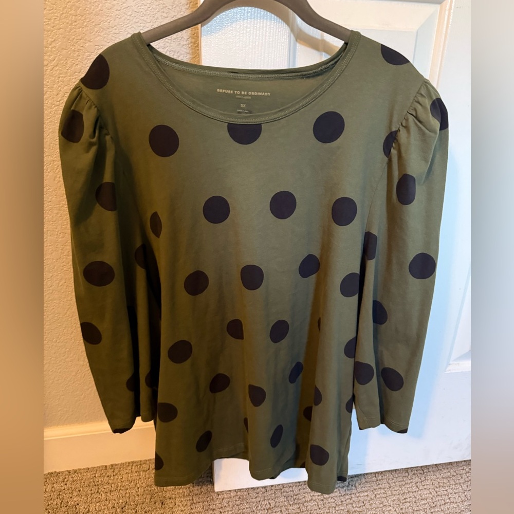 Stella & Dot Olive Green Long Sleeve Top with Black Polka Dots